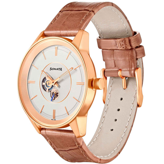 Sonata Quartz Multifunction Silver Dial Leather Strap Watch for Men