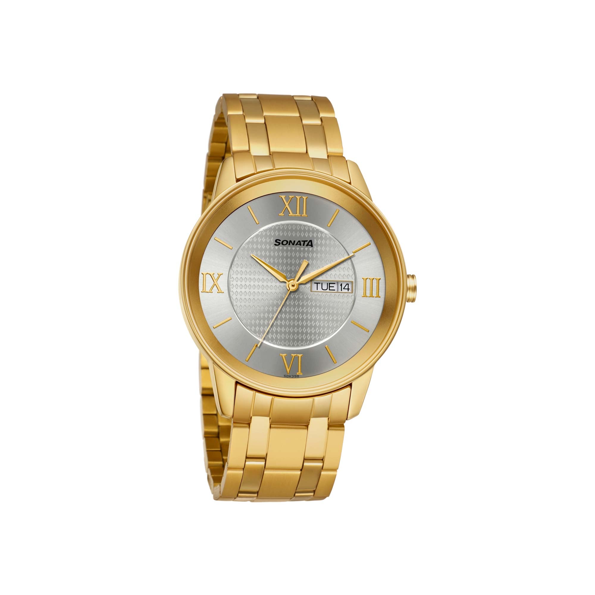 Sonata Quartz Analog with Day and Date Champagne Dial Stainless Steel Strap Watch for Men