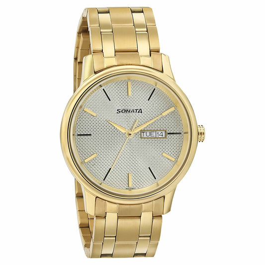 Sonata Quartz Analog with Day and Date Champagne Dial Metal Strap Watch for Men