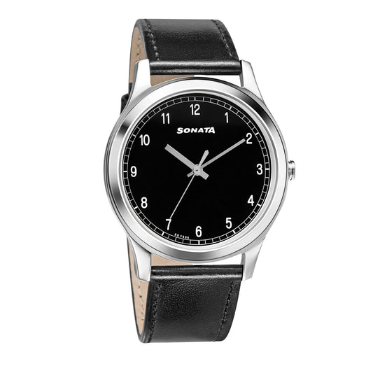 Sonata Quartz Analog Black Dial Leather Strap Watch for Men