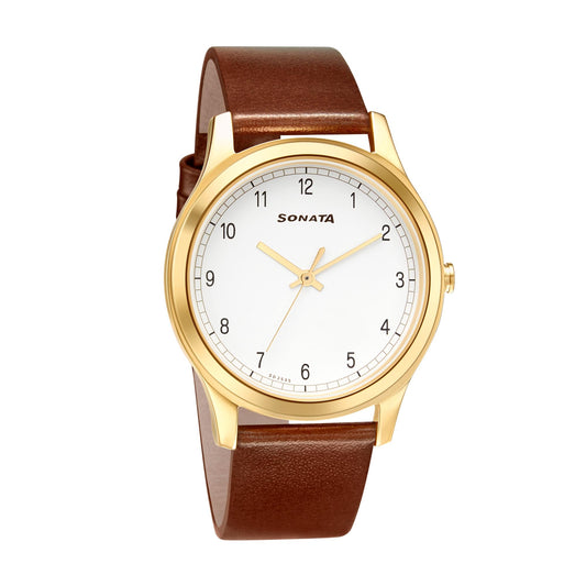 Sonata Quartz Analog White Dial Leather Strap Watch for Men