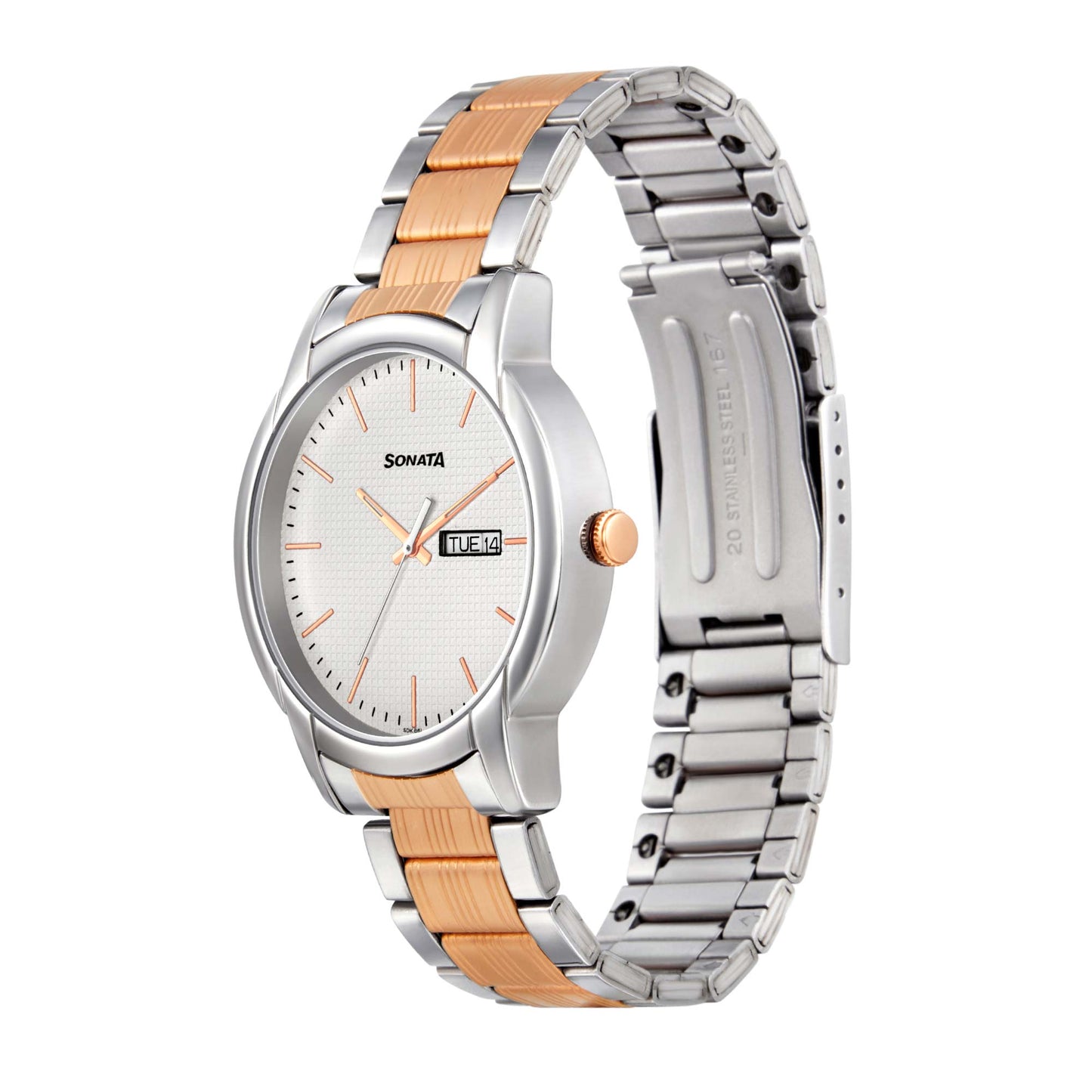 Sonata Quartz Analog with Day and Date White Dial Metal Strap Watch for Men