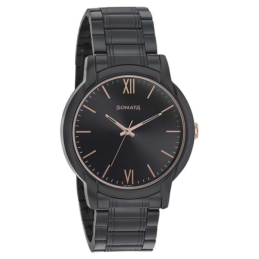 Sonata Quartz Analog Black Dial Metal Strap Watch for Men