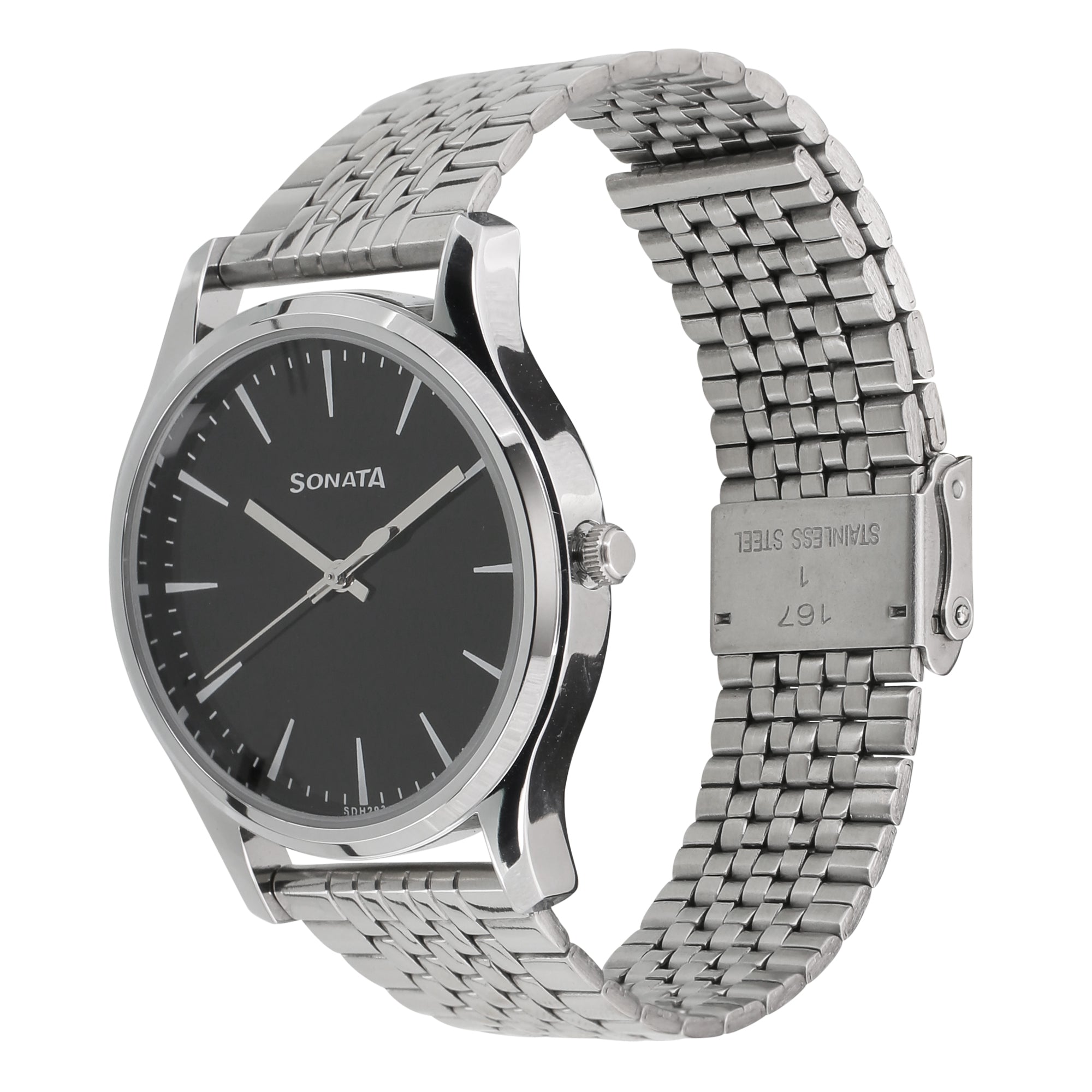 Sonata Quartz Analog Black Dial Stainless Steel Strap Watch for Men