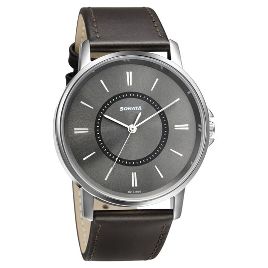 Sonata Quartz Analog Grey Dial Leather Strap Watch for Men