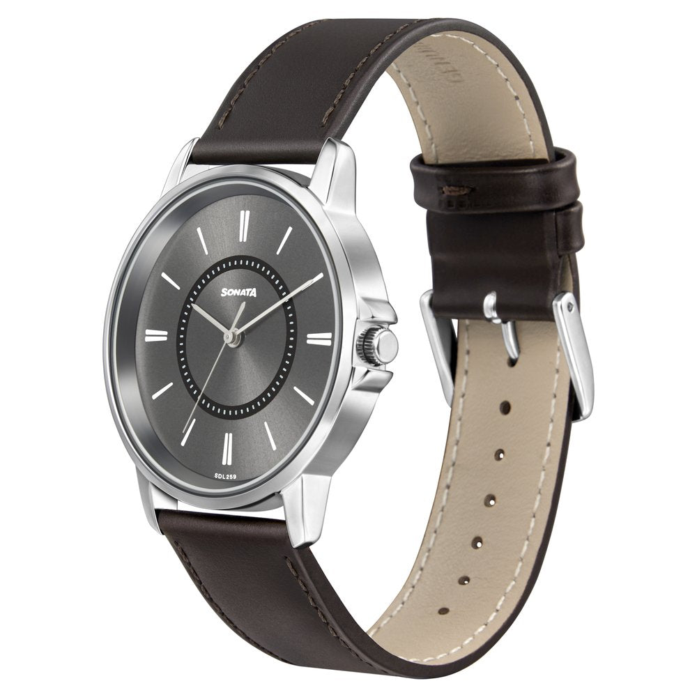 Sonata Quartz Analog Grey Dial Leather Strap Watch for Men