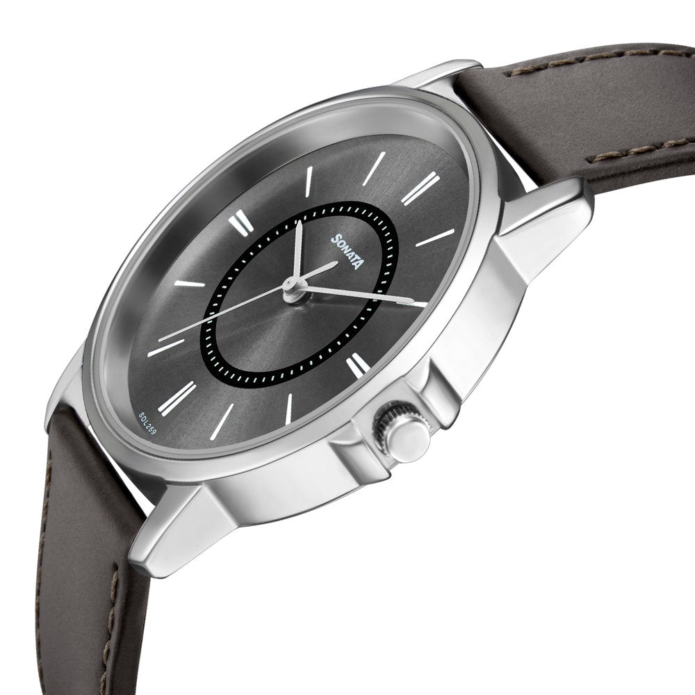 Sonata Quartz Analog Grey Dial Leather Strap Watch for Men