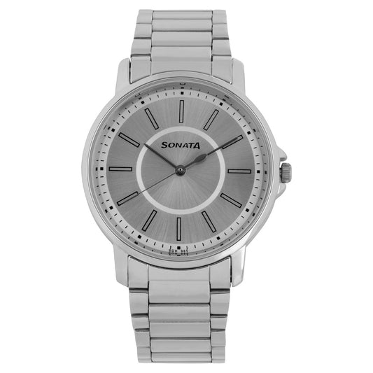 Sonata Quartz Analog Silver Dial Stainless Steel Strap Watch for Men