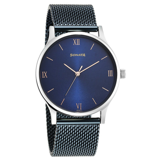 Sonata Blues Quartz Analog Blue Dial Metal Strap Watch for Men