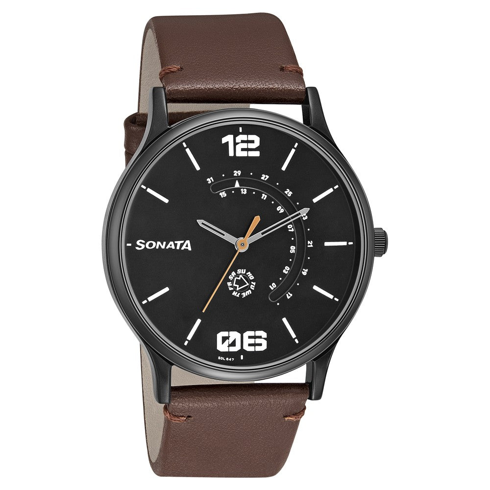 Sonata Quartz Analog with Day and Date Brown Dial Leather Strap Watch for Men