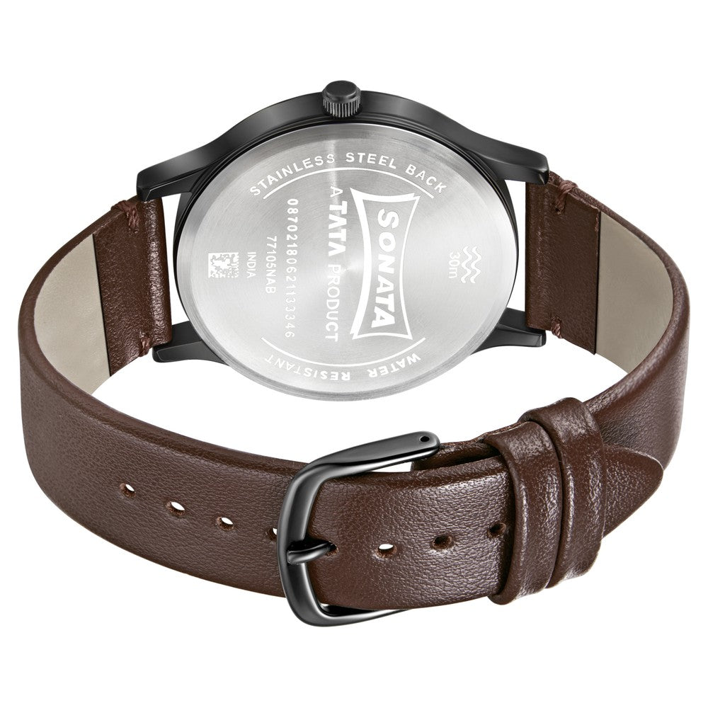 Sonata Quartz Analog with Day and Date Brown Dial Leather Strap Watch for Men