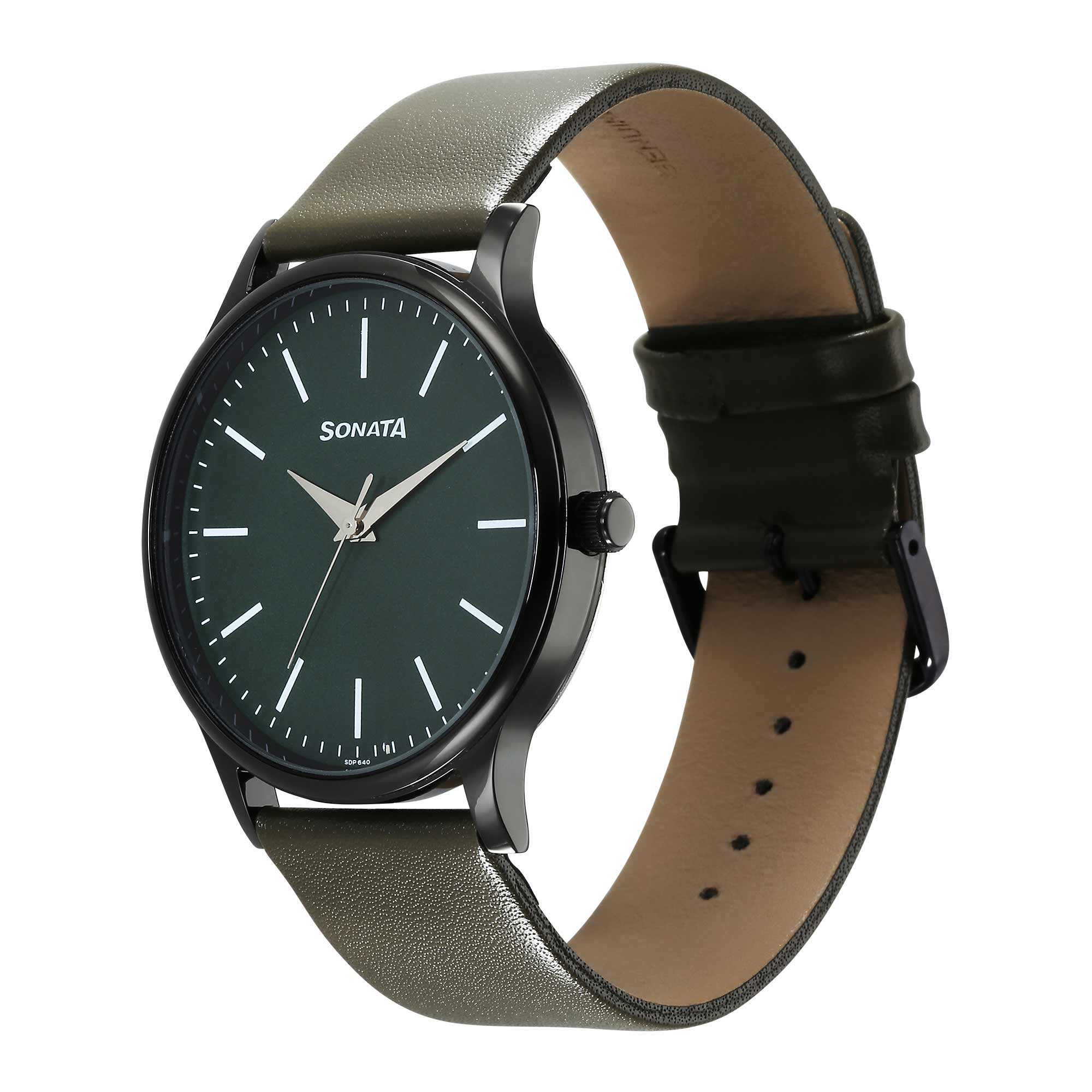 Sonata Aspire Quartz Analog Green Dial Leather Strap Watch for Men