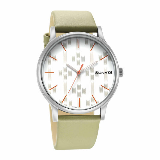 Sonata Knot White Dial Leather Strap Watch for Men