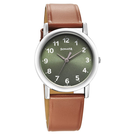 Sonata Classique Quartz Analog Green Dial Brown Leather Strap Watch for Men