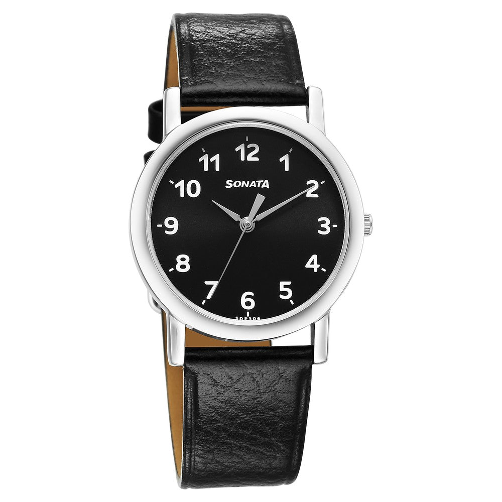 Sonata Classique Quartz Analog Black Dial Black Leather Strap Watch for Men