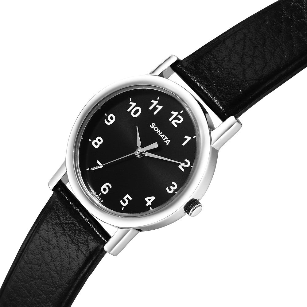 Sonata Classique Quartz Analog Black Dial Black Leather Strap Watch for Men