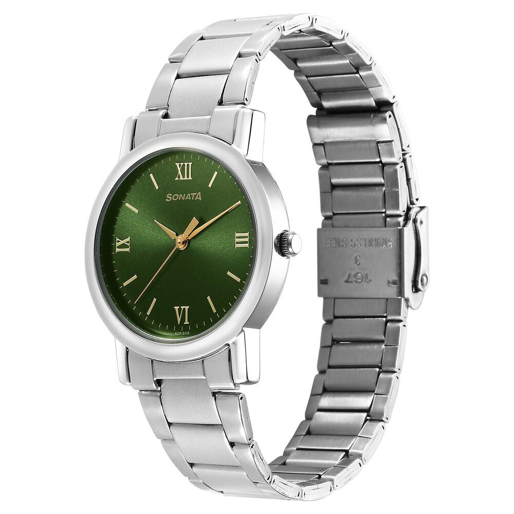 Sonata Classic Quartz Analog Green Dial Silver Stainless Steel Strap Watch for Men