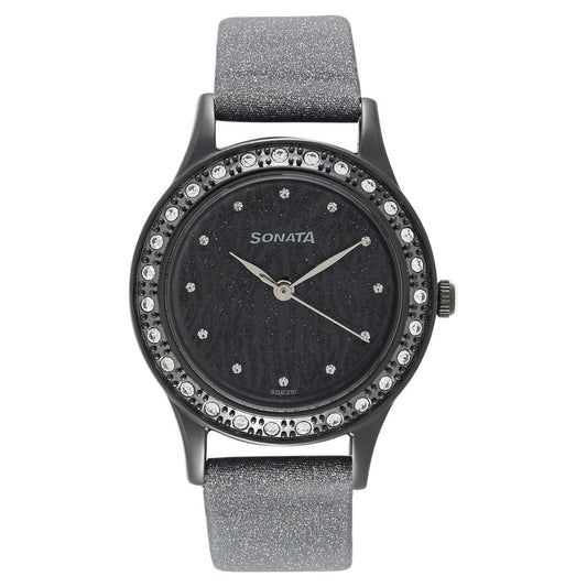 Sonata Quartz Analog Black Stainless Steel Strap for Women