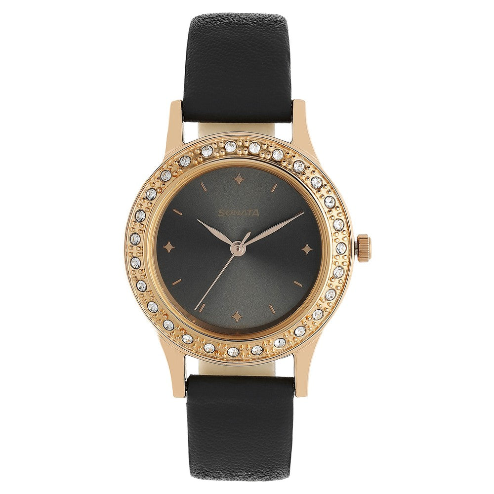 Sonata Quartz Analog Black Stainless Steel Strap for Women