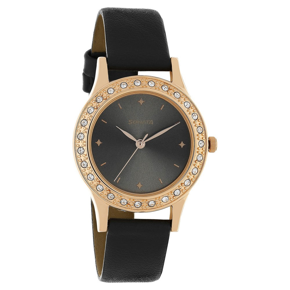 Sonata Quartz Analog Black Stainless Steel Strap for Women