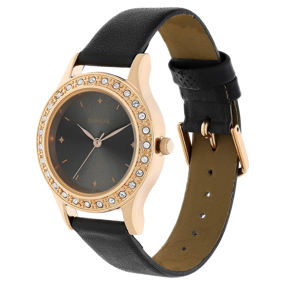 Sonata Quartz Analog Black Stainless Steel Strap for Women