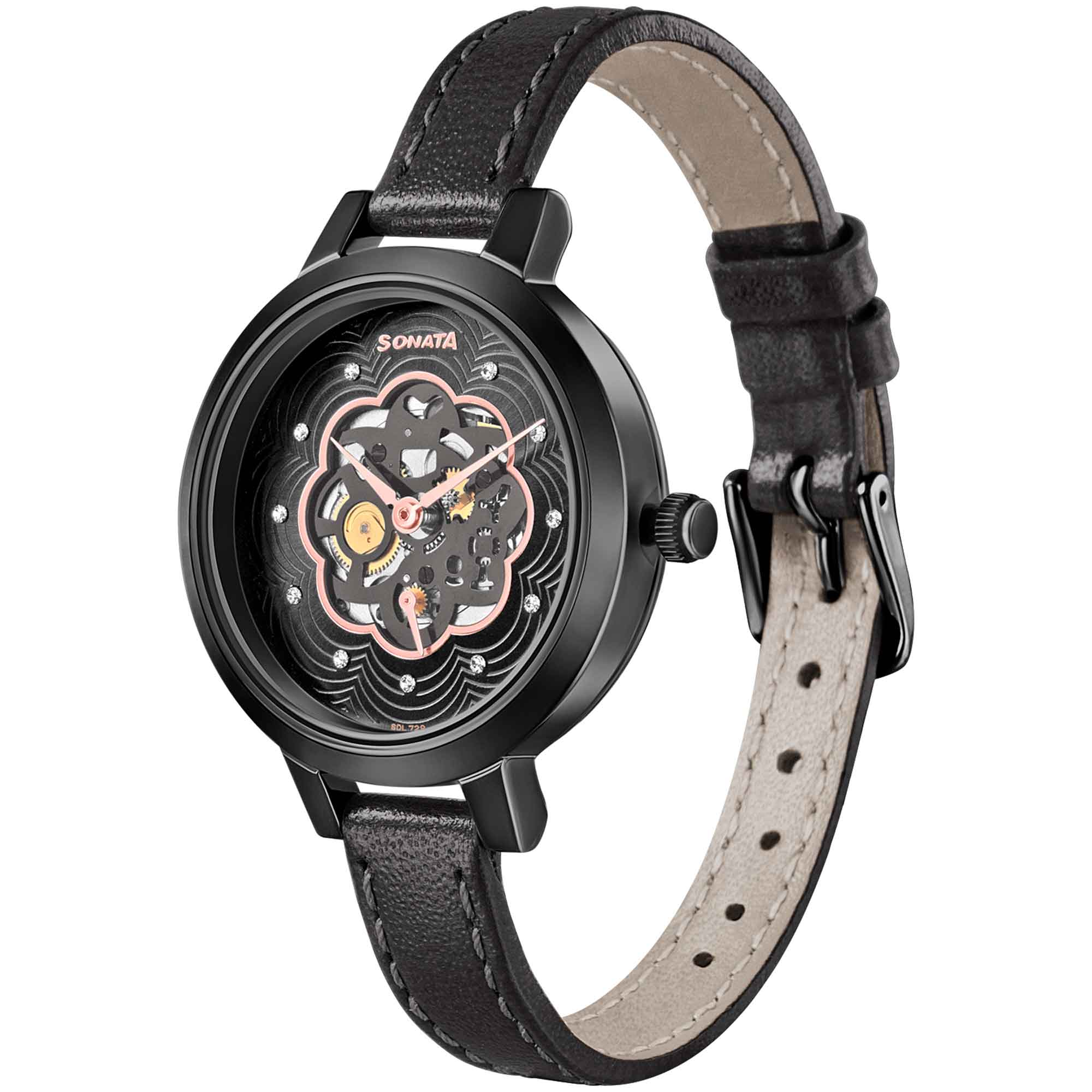 Sonata Unveil Black Dial Women Watch With Leather Strap