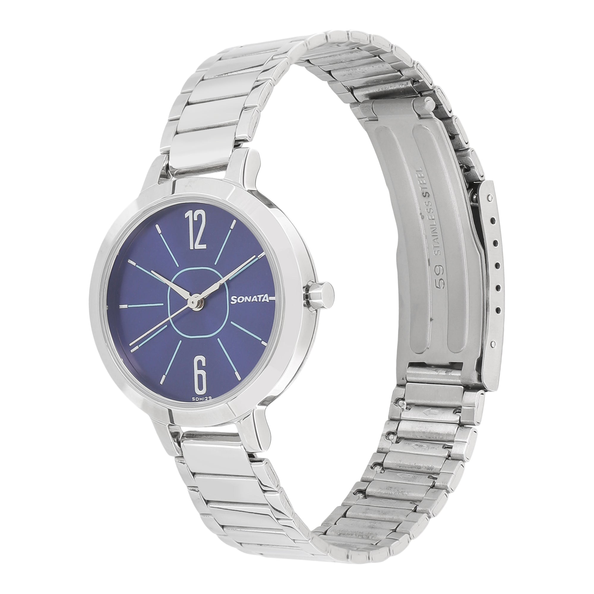 Sonata Steel Daisies Blue Dial Women Watch With Stainless Steel Strap