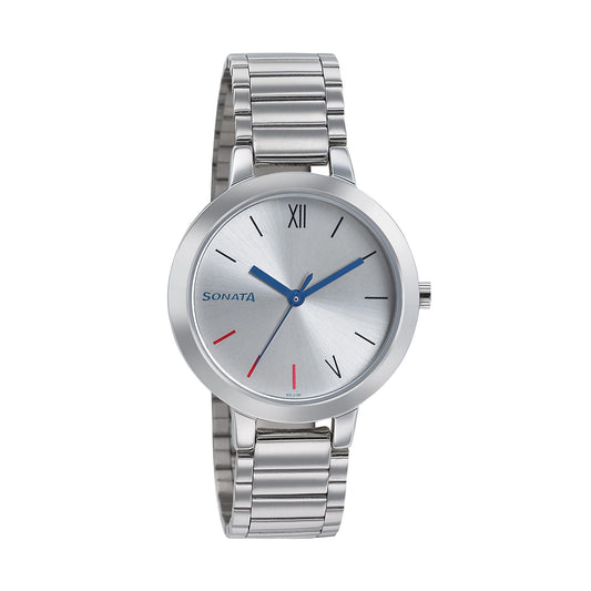 Sonata Quartz Analog Silver Dial Stainless Steel Strap Watch for Women