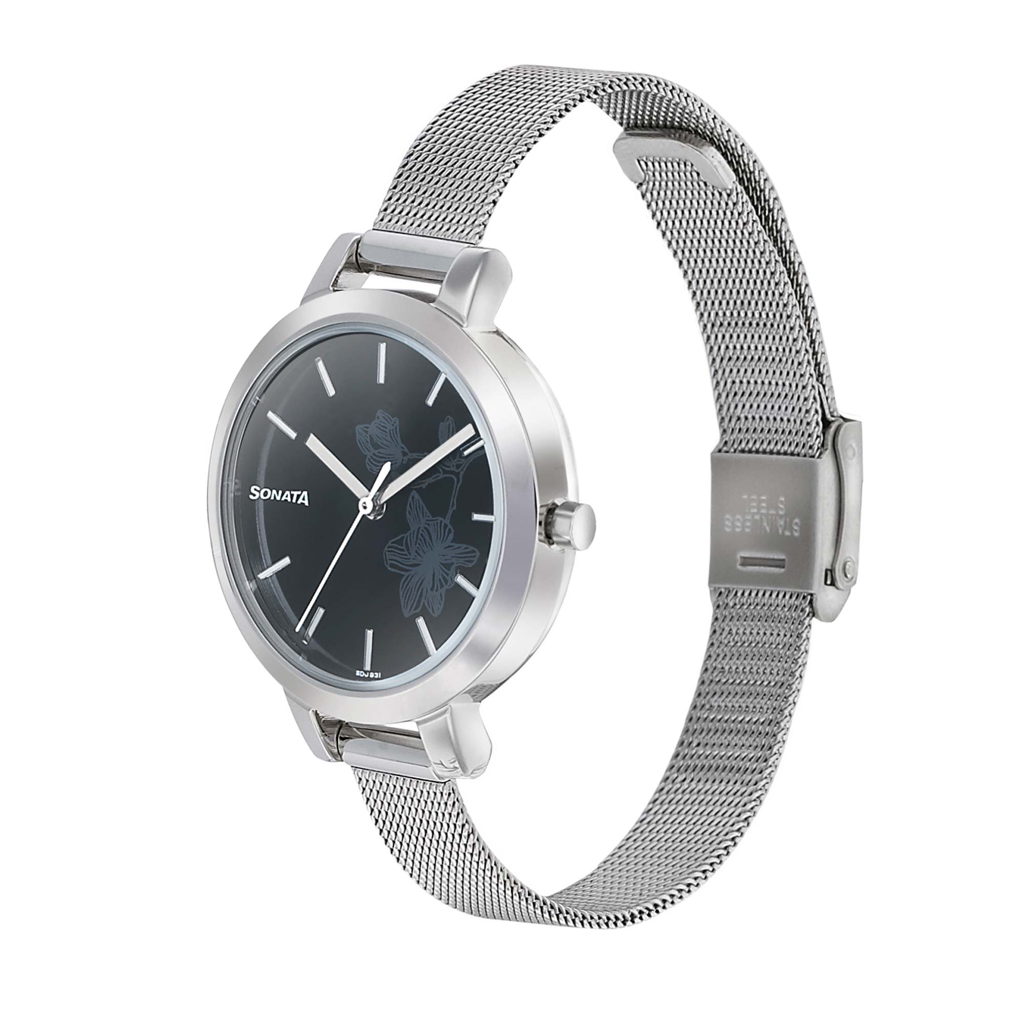 Sonata Silver Lining Black Dial Women Watch With Stainless Steel Strap