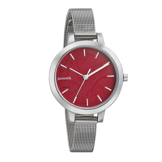 Sonata Silver Lining Red Dial Women Watch With Stainless Steel Strap