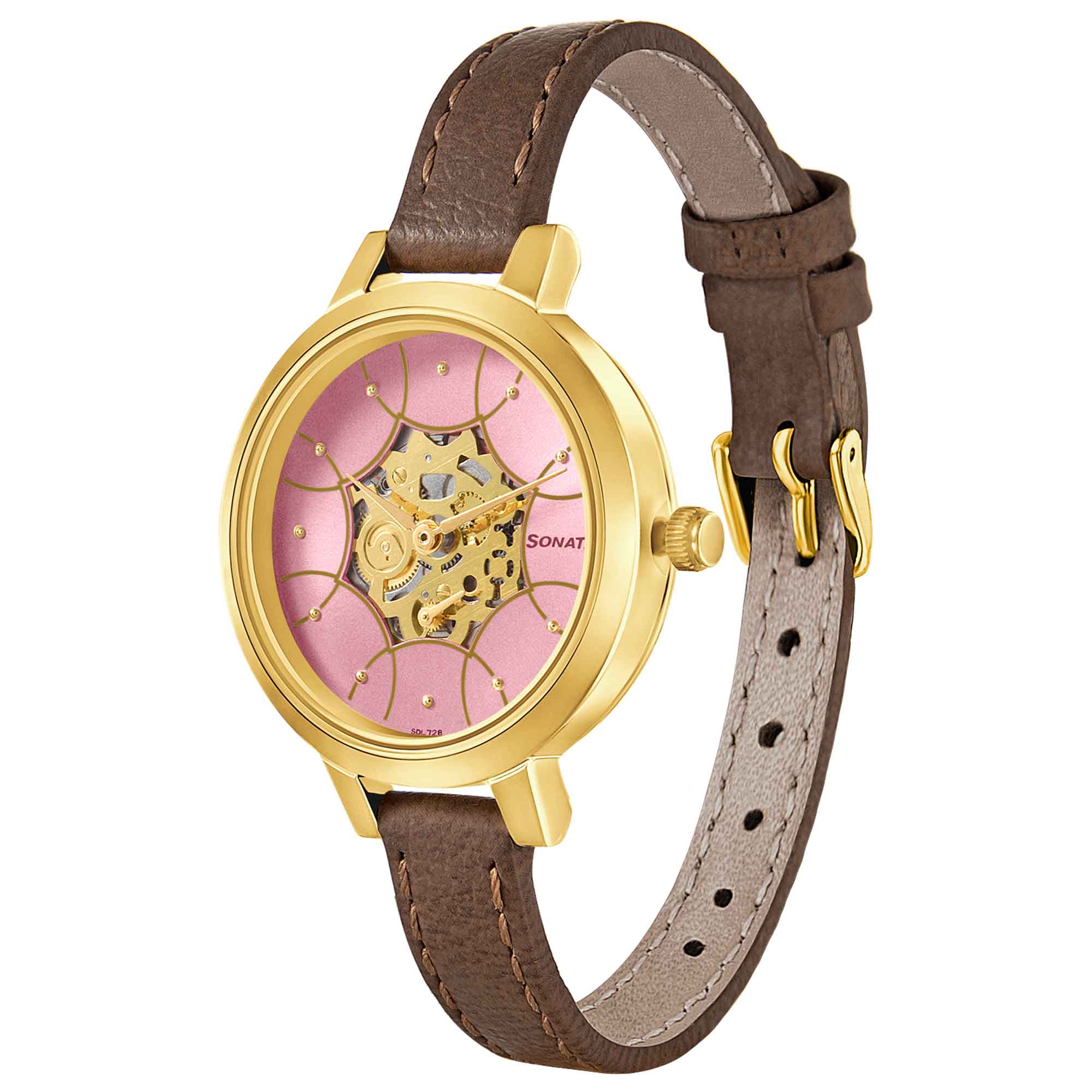 Sonata Unveil Quartz Multifunction Leather Strap Watch for Women