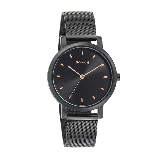 Sonata Onyx Black Dial Women Watch With Stainless Steel Strap