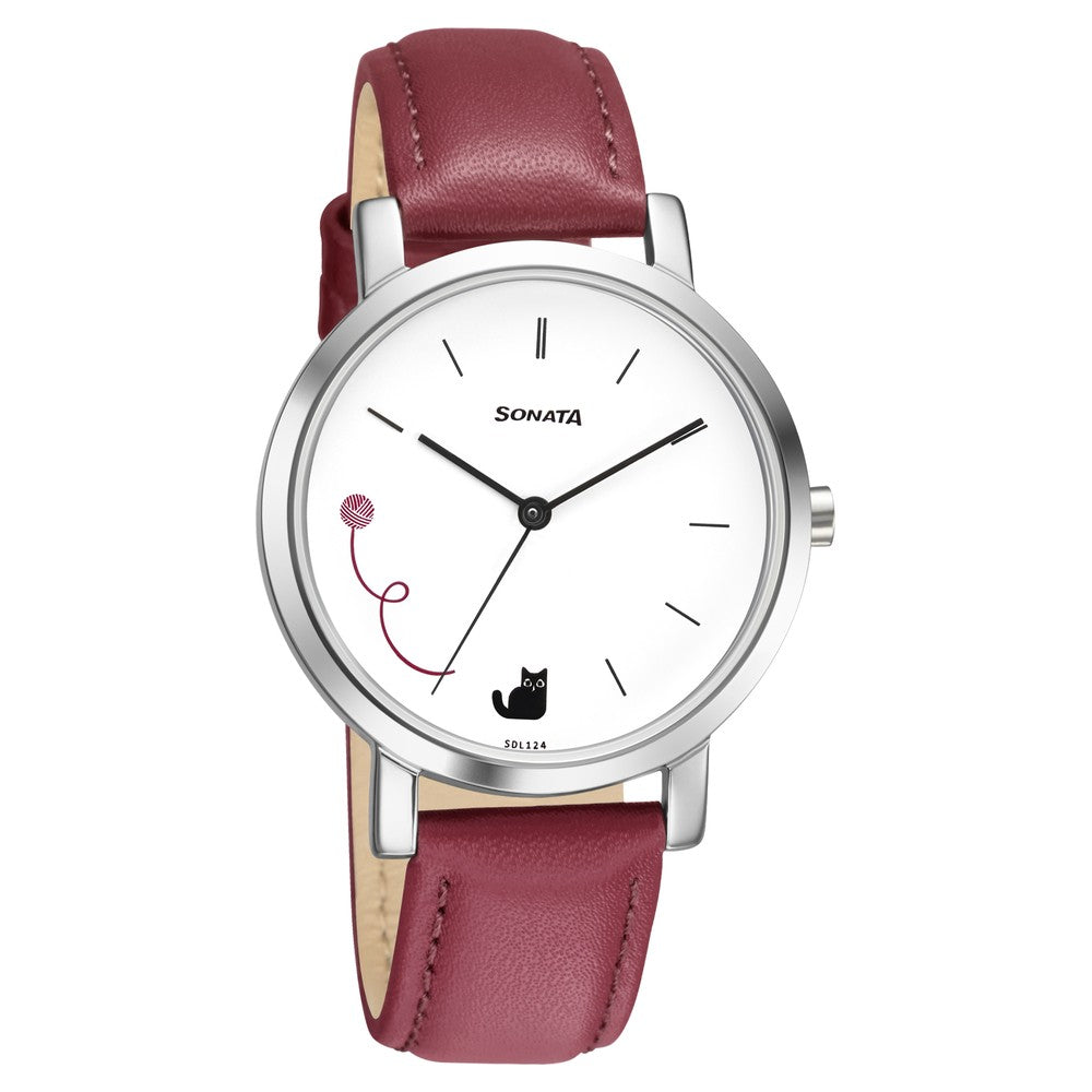 Sonata Play White Dial Women Watch With Leather Strap