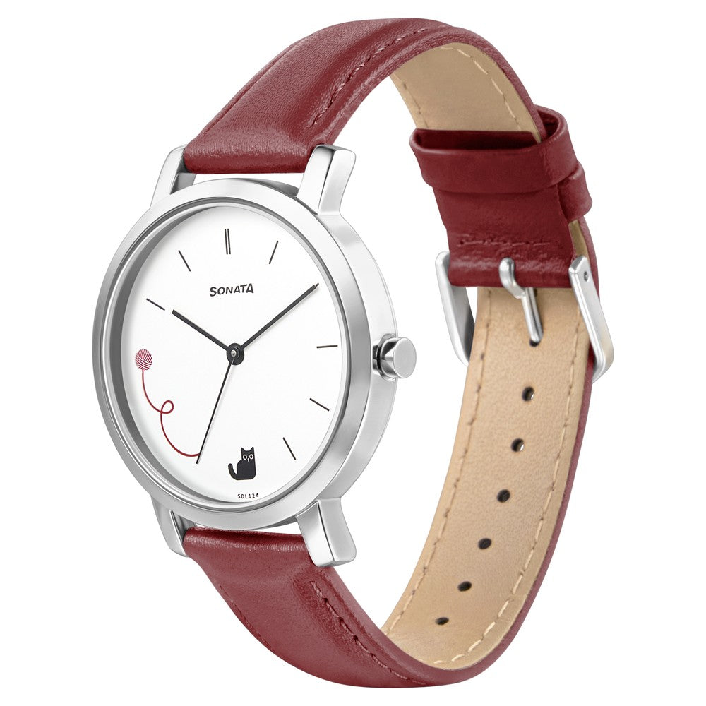 Sonata Play White Dial Women Watch With Leather Strap