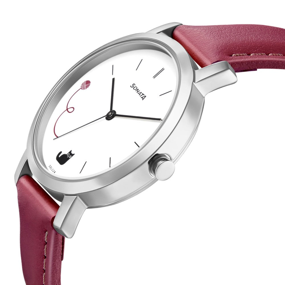 Sonata Play White Dial Women Watch With Leather Strap