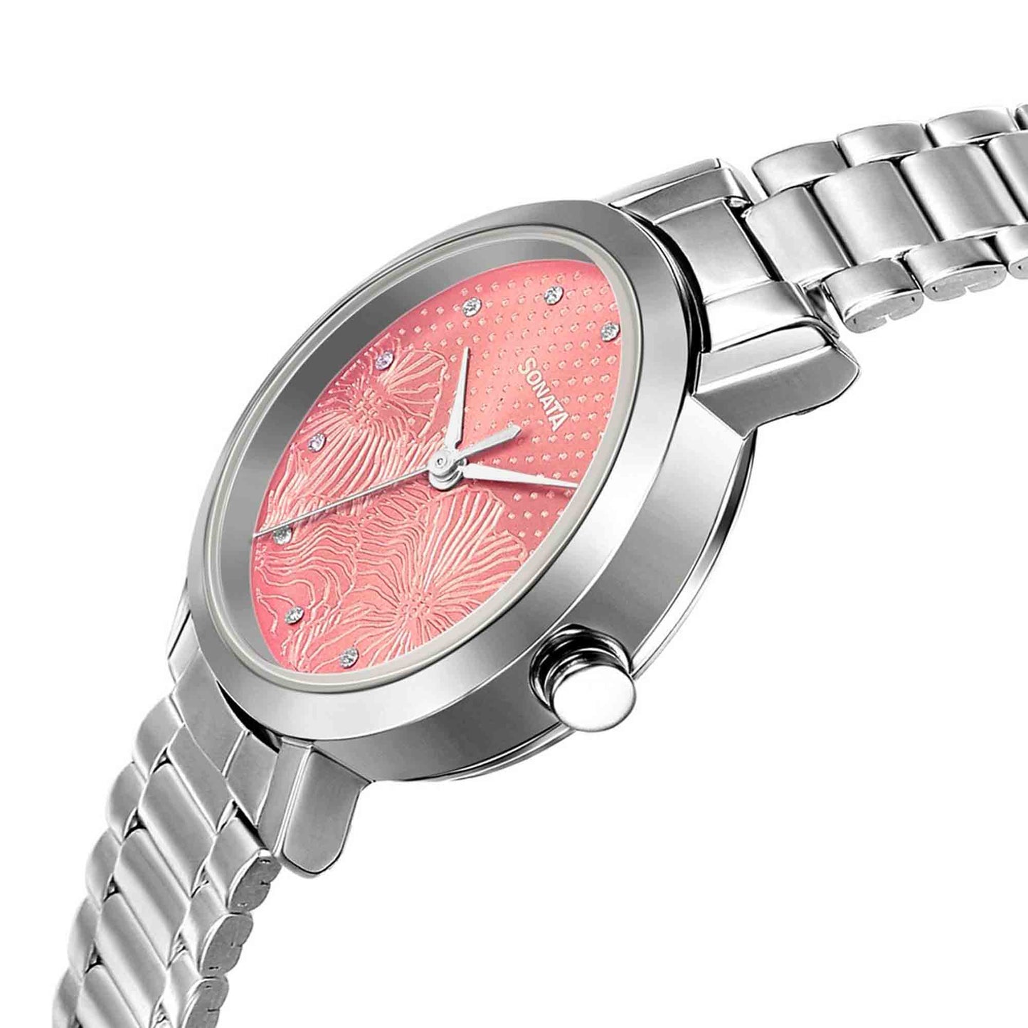 Sonata Linnea Pink Dial Women Watch With Stainless Steel Strap