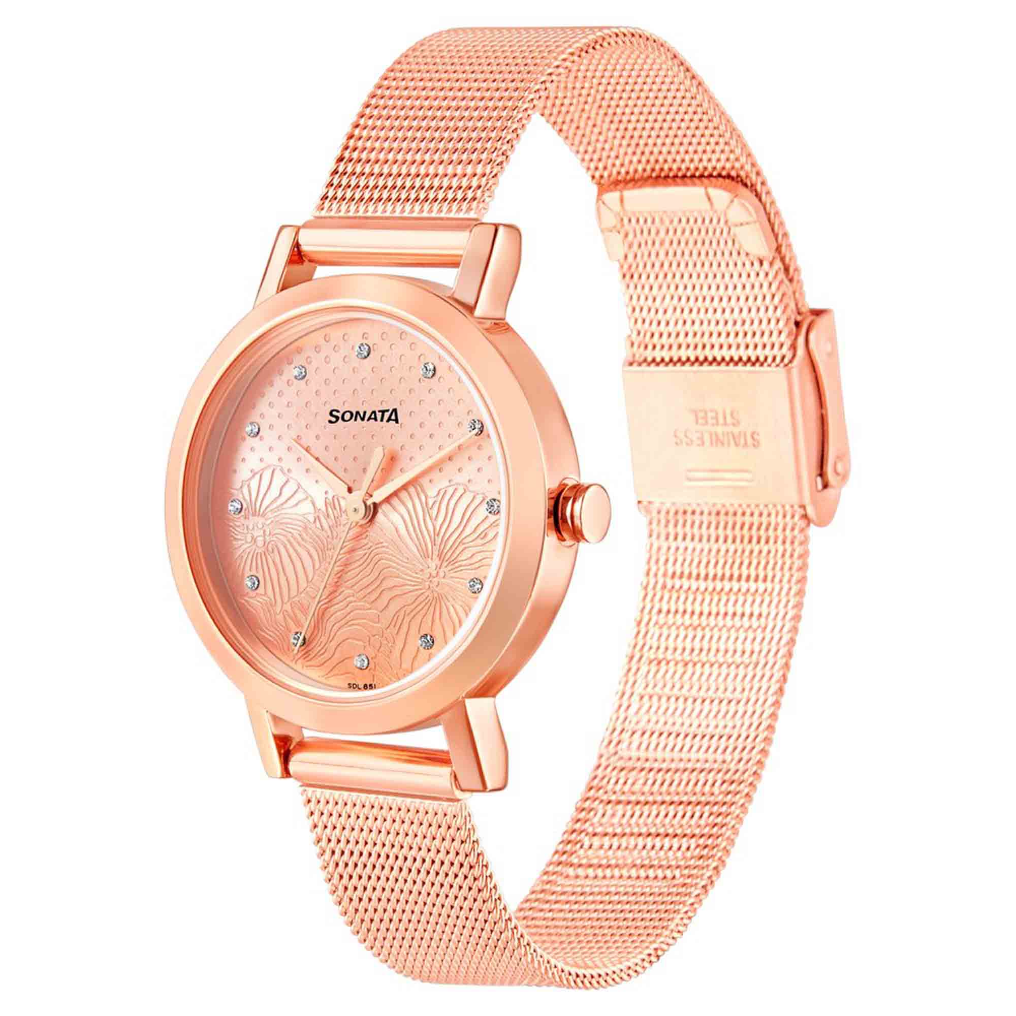 Sonata Linnea Rose Gold Dial Women Watch With Stainless Steel Strap