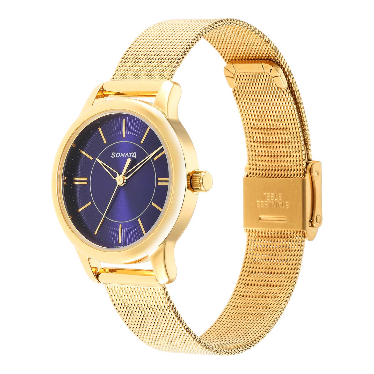 Classic Gold Blue Dial Metal Strap Watch for Women