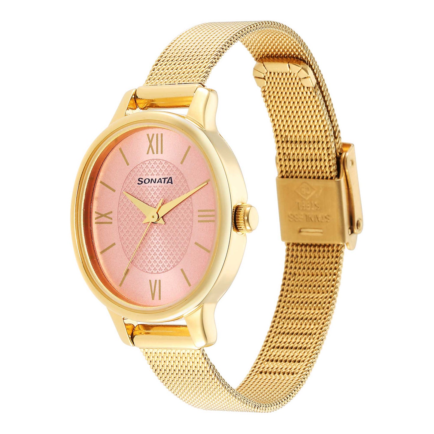 Classic Gold Pink Dial Metal Strap Watch for Women