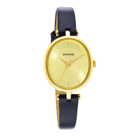 Sonata Classic Gold Champagne Dial Leather Strap Watch for Women