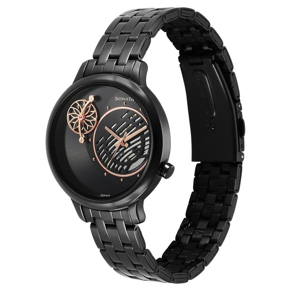 Sonata Unveil Quartz Analog Black Dial Metal Strap Watch for Women