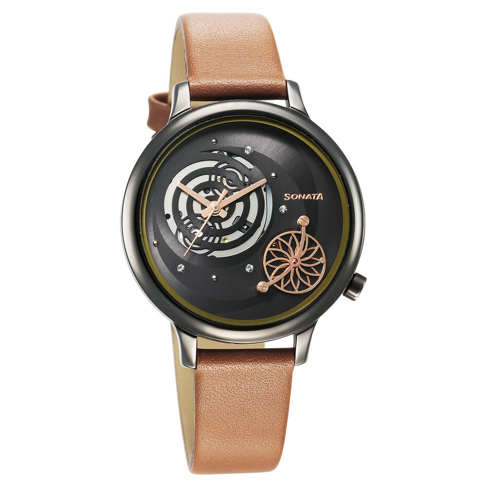 Sonata Unveil Quartz Analog Grey Dial Leather Strap Watch for Women