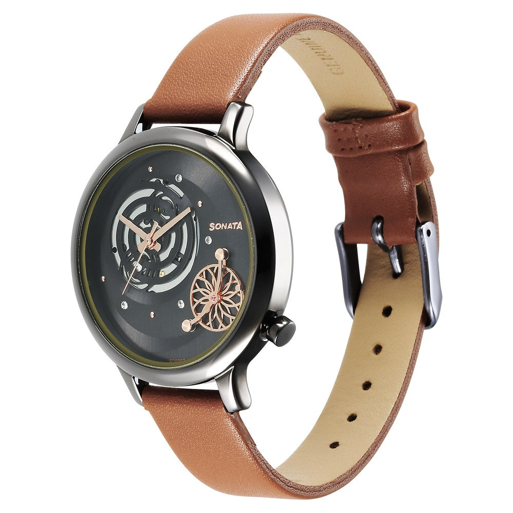 Sonata Unveil Quartz Analog Grey Dial Leather Strap Watch for Women