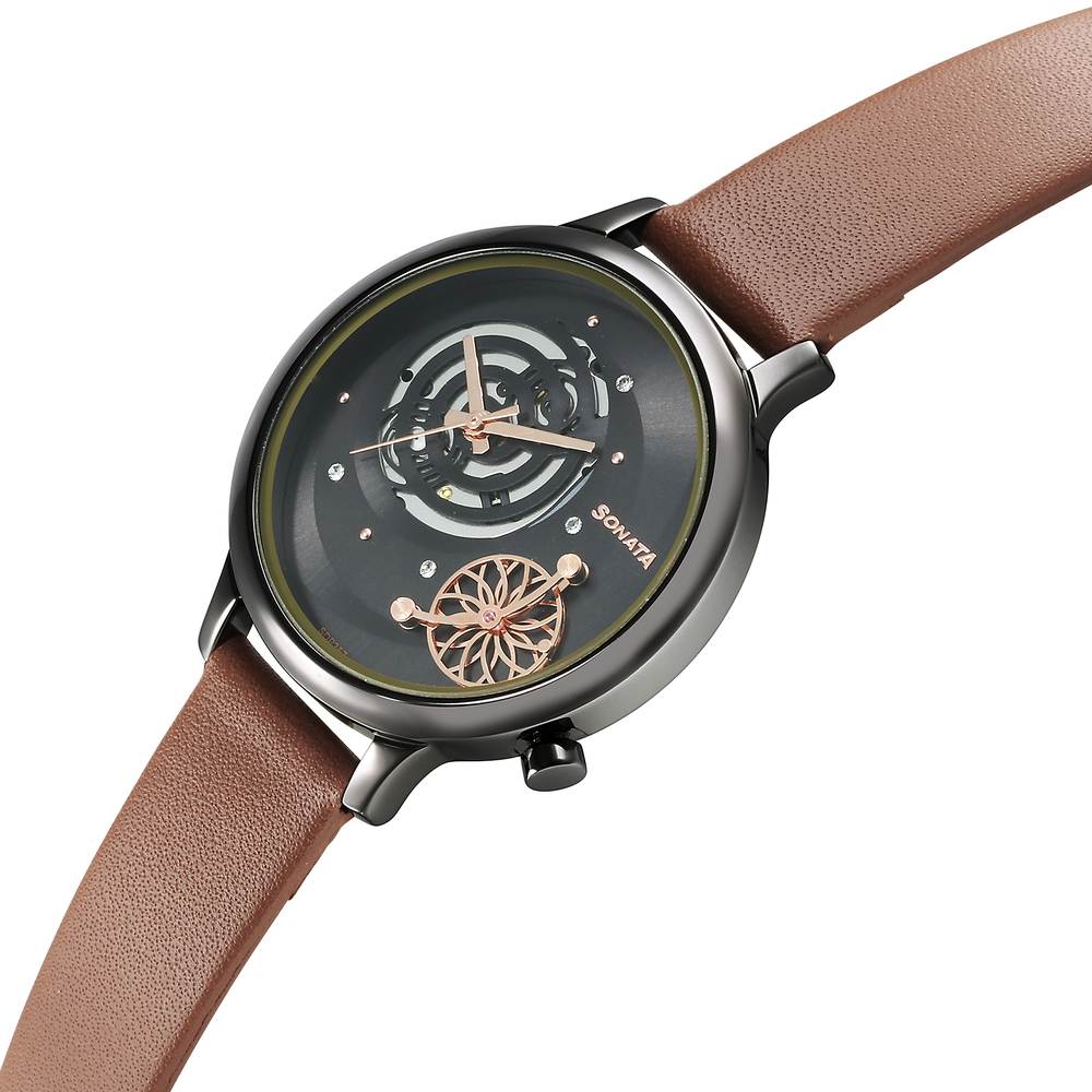 Sonata Unveil Quartz Analog Grey Dial Leather Strap Watch for Women