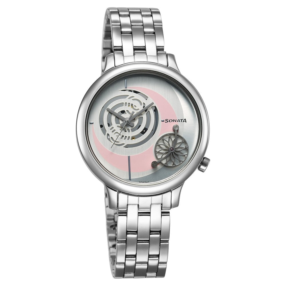 Sonata Unveil Quartz Analog Silver Dial Metal Strap Watch for Women