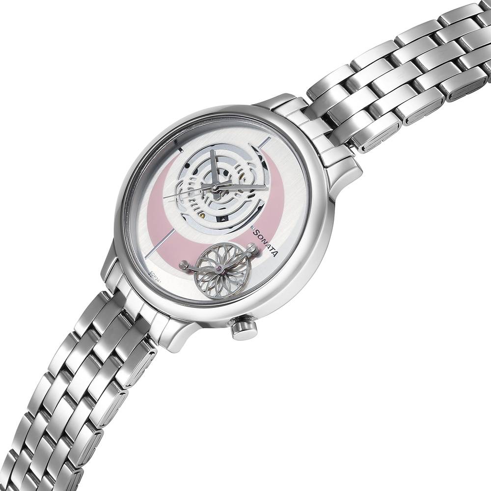 Sonata Unveil Quartz Analog Silver Dial Metal Strap Watch for Women