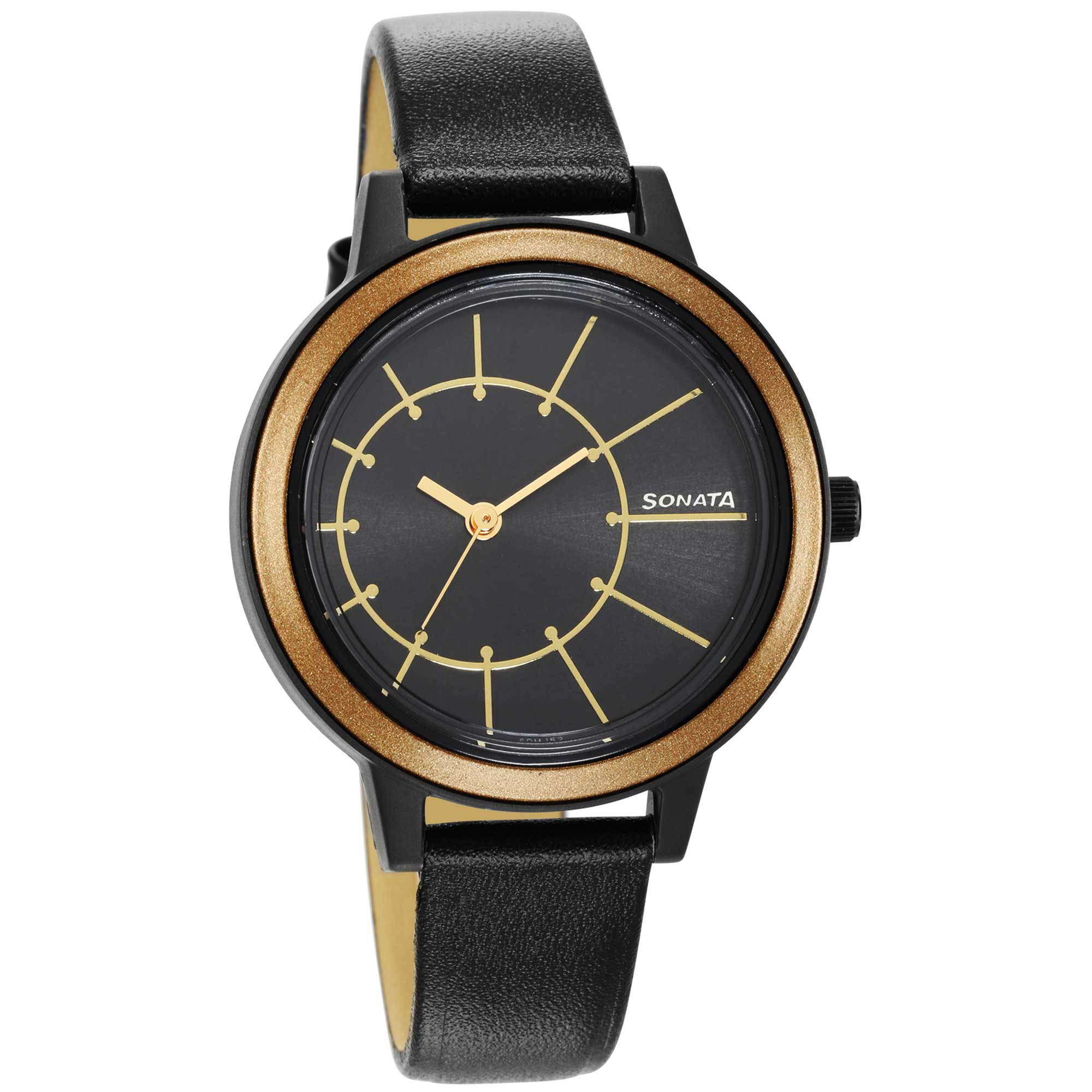 Sonata Pop Black Dial Women Watch With Leather Strap