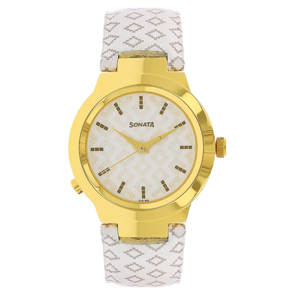 Sonata Act Safety Watch White Dial Women Watch With Leather Strap