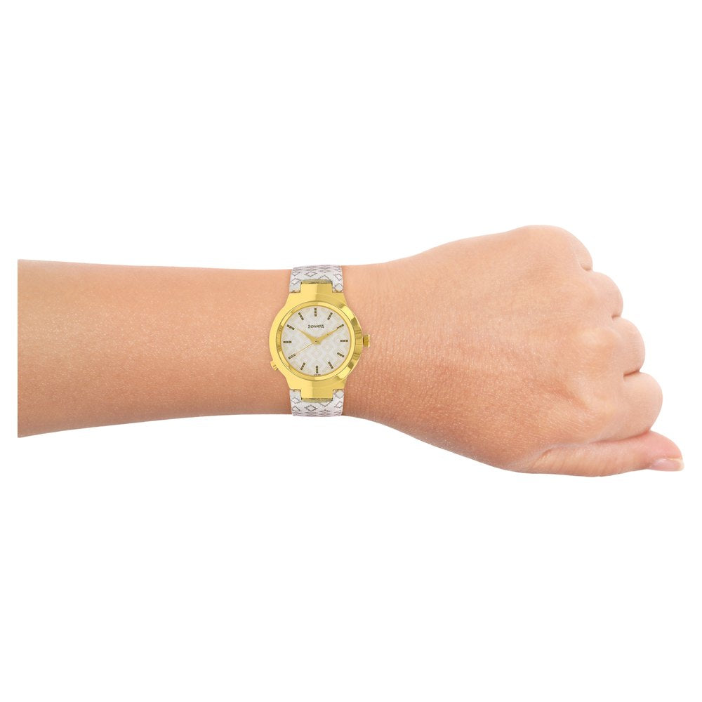 Sonata Act Safety Watch White Dial Women Watch With Leather Strap