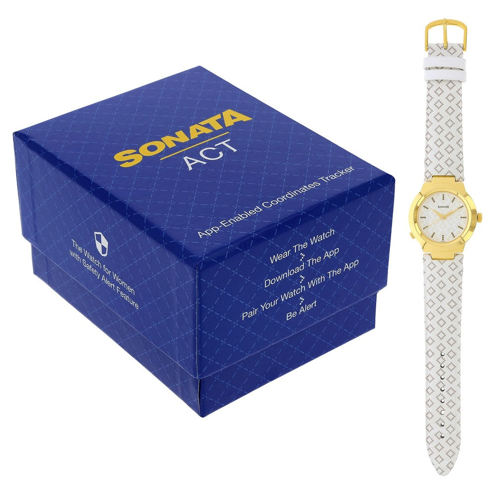 Sonata Act Safety Watch White Dial Women Watch With Leather Strap